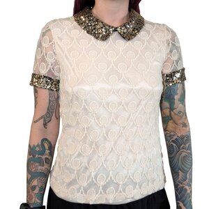 ISSI Cream Lace Gold Sequin Collar Blouse | S